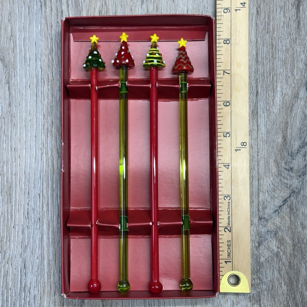 PIER 1 IMPORTS Glass Swizzle Stir Sticks Lot Of Four (4) Christmas Trees Stars - Picture 6 of 8